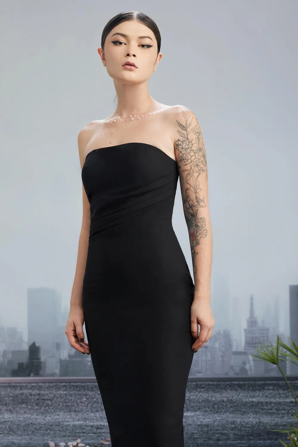 Crooked Skyline Strapless Waist Pleated Wool Cotton Midi Dress