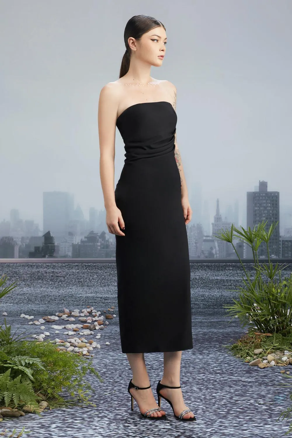 Crooked Skyline Strapless Waist Pleated Wool Cotton Midi Dress
