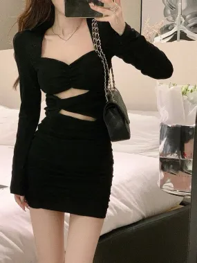 Girlary Black Bodycon Dress Women Autumn Long Sleeve Short Party Dress Office Lady Pure Color Elegant Vintage Y2k Mini Dress Korean