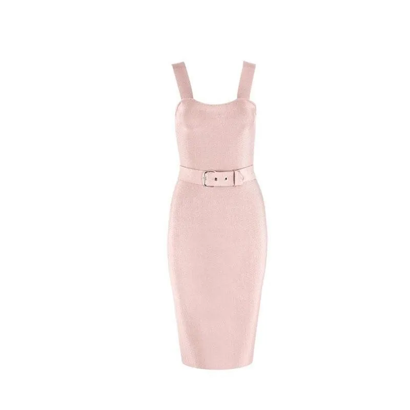 Spaghetti Strap Belt Midi Bodycon Dress for Women