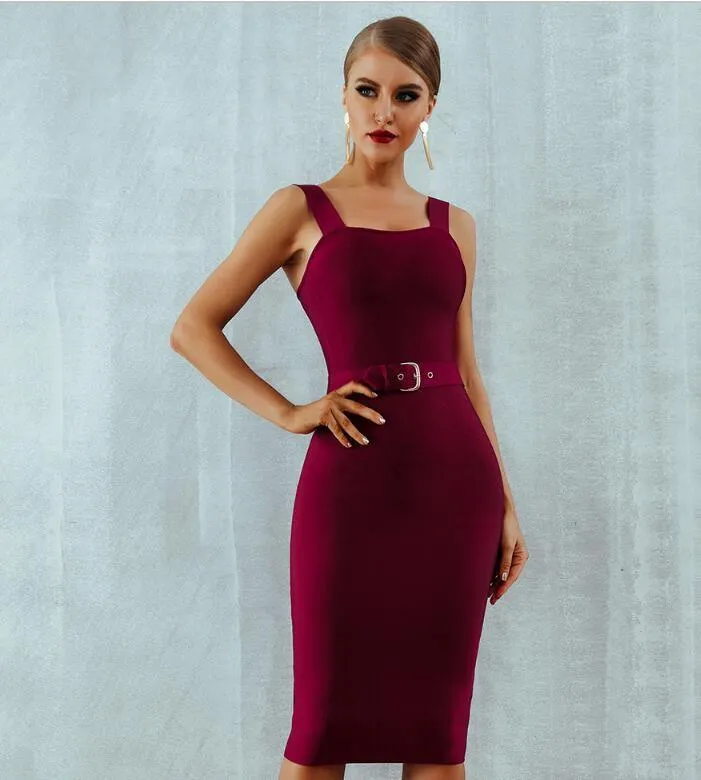 Spaghetti Strap Belt Midi Bodycon Dress for Women