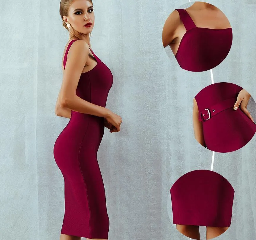 Spaghetti Strap Belt Midi Bodycon Dress for Women